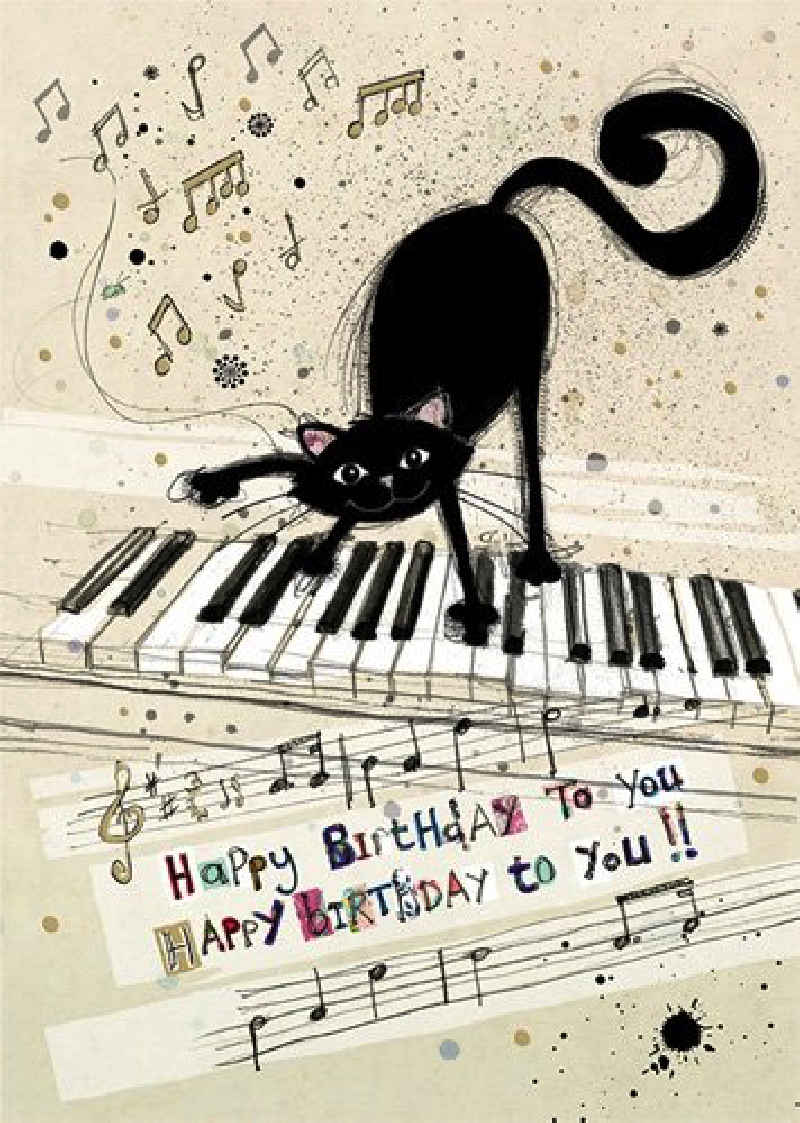 Carte anniversaire CHAT sur piano