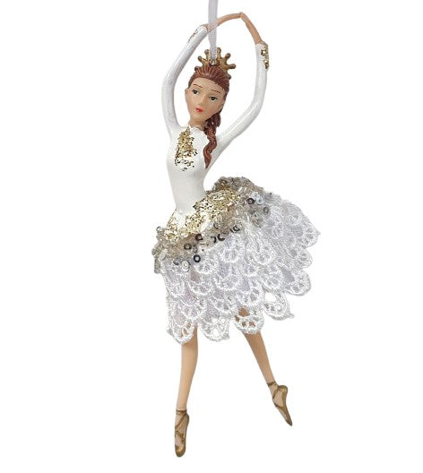 Danseuse à suspendre robe en dentelle et sequins argentés bras couronne