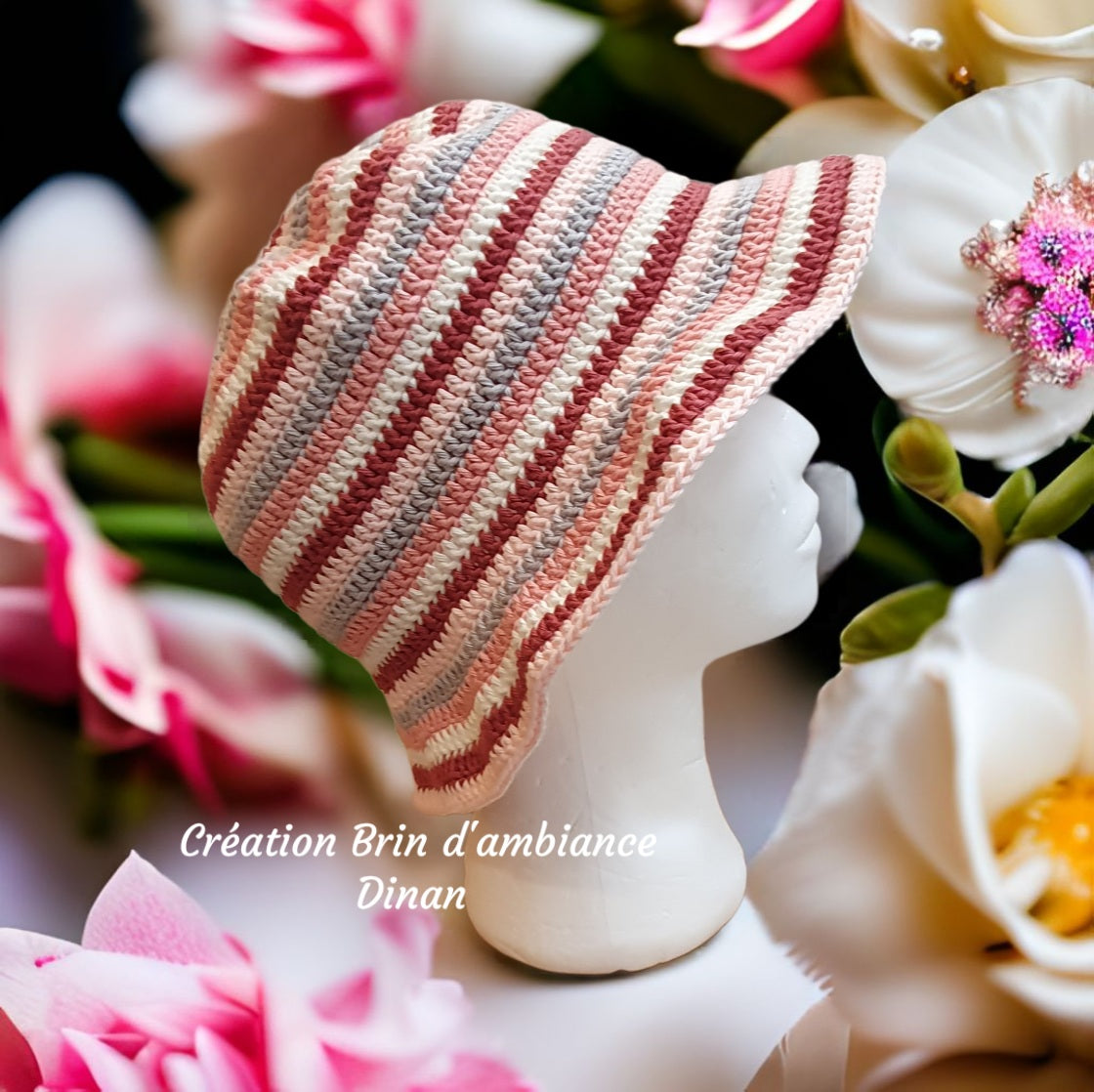 Chapeau au crochet - Saumon-Rose-Gris-Blanc