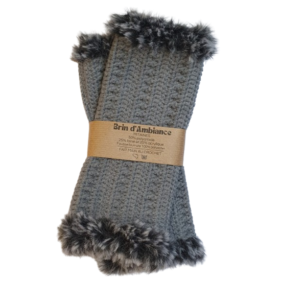 Mitaines gris chiné et bordure en fourrure