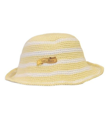 Chapeau au crochet naissance - Jaune poussin et blanc