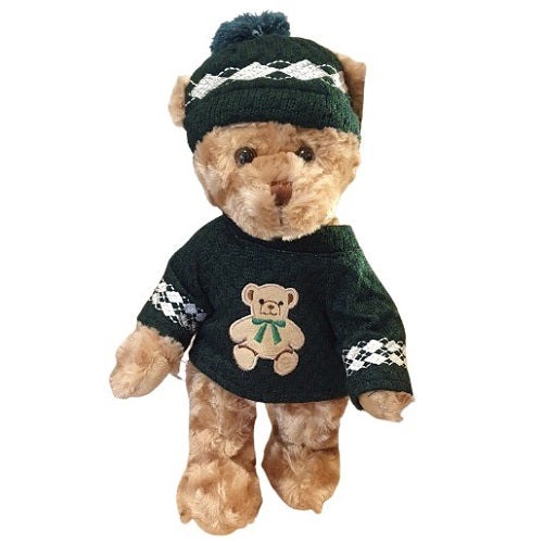 Ourson en peluche avec pull vert brodé d'un ourson