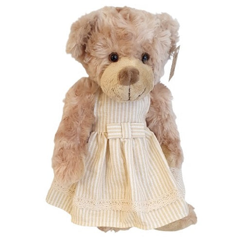 Oursonne en peluche robe rayée écrue