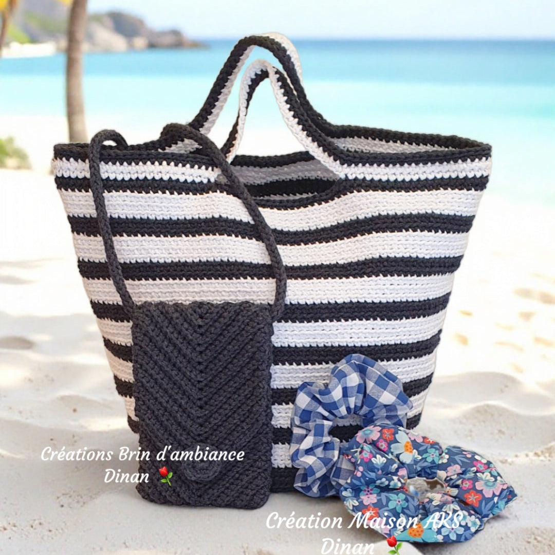 Sac de plage fait-main au crochet- Bleu marine et blanc