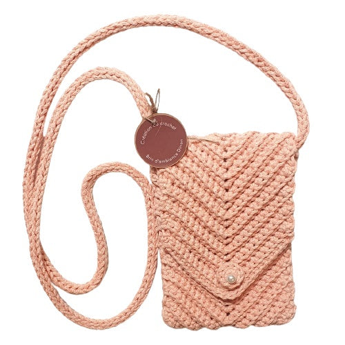 Pochette bandoulière au crochet en coton rose saumon - Fait-main