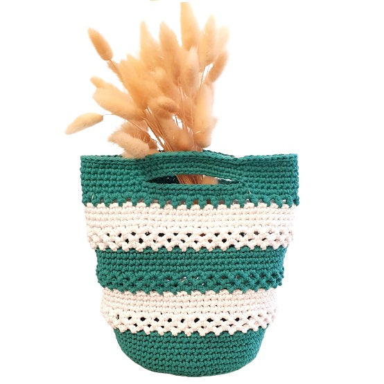 Panier rond au crochet - Turquoise et blanc - Fait-main