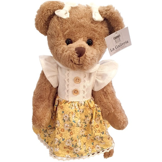 Oursonne en peluche robe jaune à fleurs