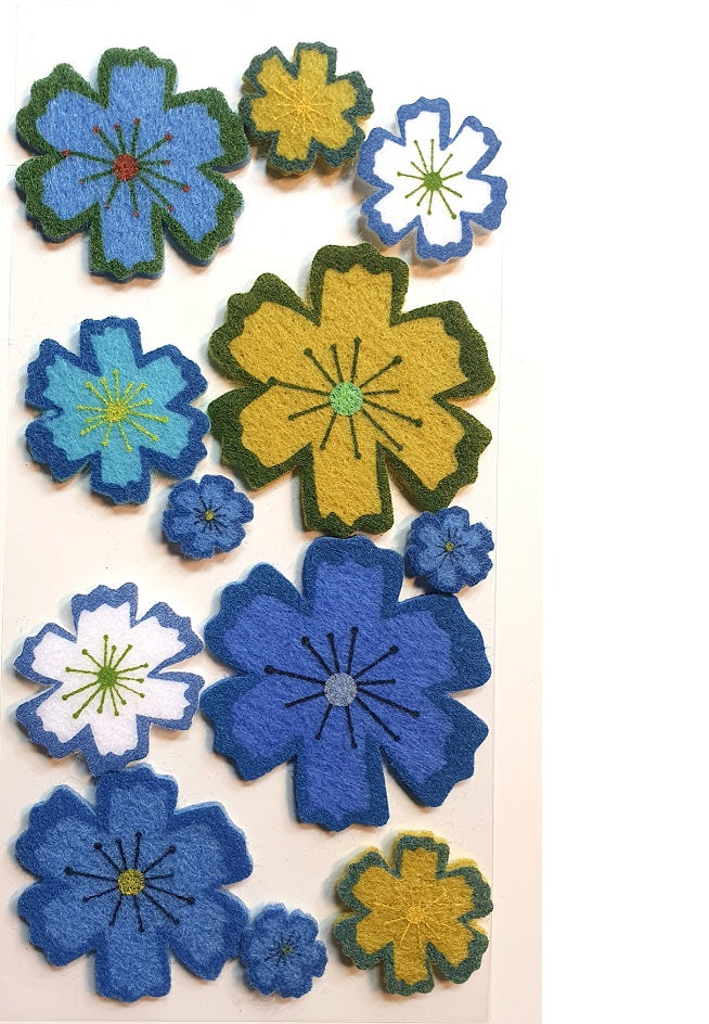 Fleurs autocollantes bleues et vertes en feutrine
