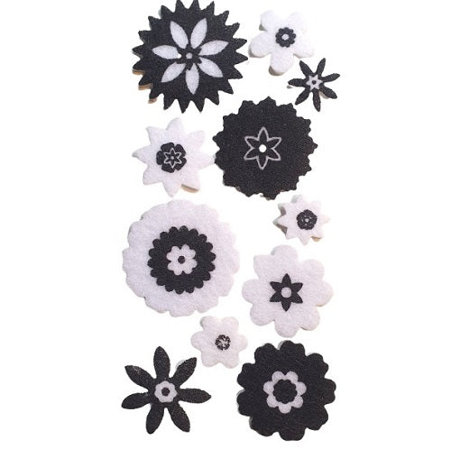 Fleurs autocollantes noires et blanches en feutrine