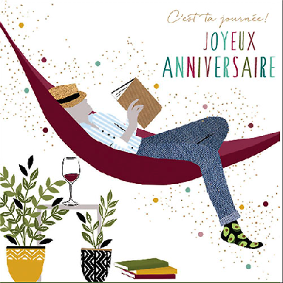 Carte anniversaire homme lisant dans un hamac