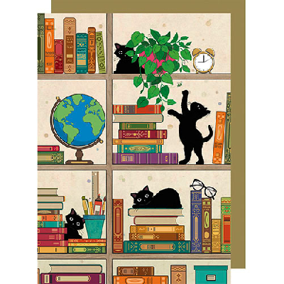 Carte avec des chats dans une bibliothèque