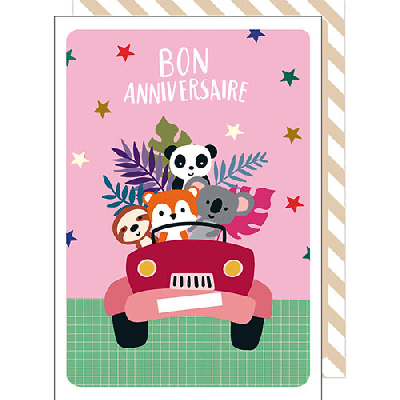 Carte Anniversaire enfant - Petits animaux en voiture