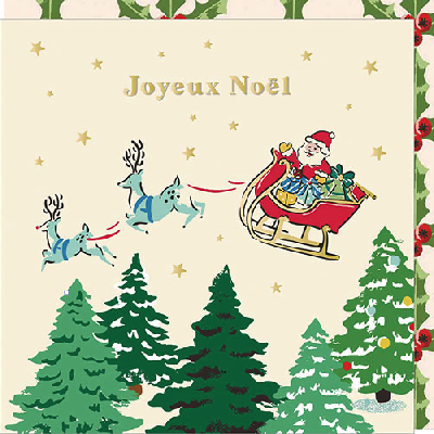 Carte double "Joyeux Noël" - Père Noël sur son traineau