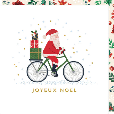Carte double "Joyeux Noël" avec père Noël sur vélo