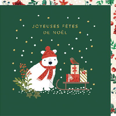 Carte double "Joyeuses fêtes de Noël" - Ours polaire et cadeaux