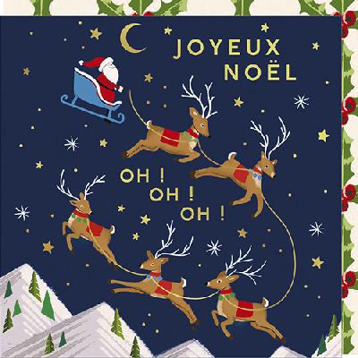 Carte double "Joyeux Noël" Père noël et ses rennes
