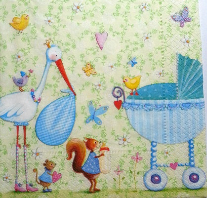 Serviette papier décor Cigogne et landau