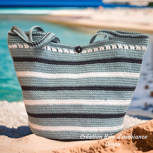 Grand sac  au crochet fait-main - Nuances de bleus et blanc