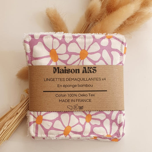 Lot de 4 lingettes - Motifs grandes fleurs blanches fond mauve