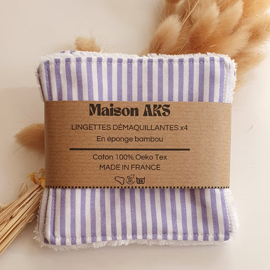 Lot de 4 lingettes - Motifs rayures mauves et blanches