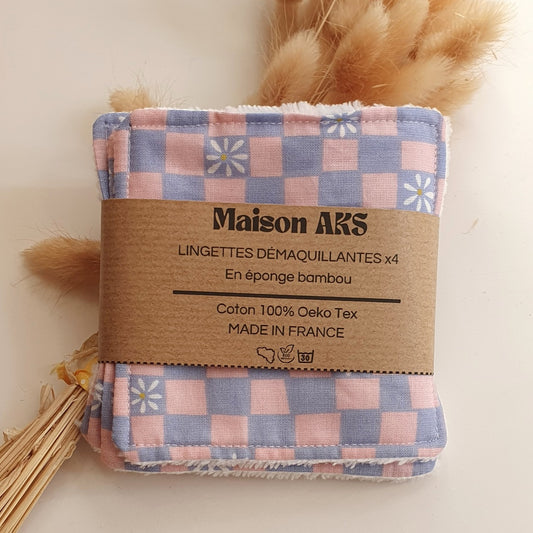 Lot de 4 lingettes - Motifs Carreaux roses et mauves