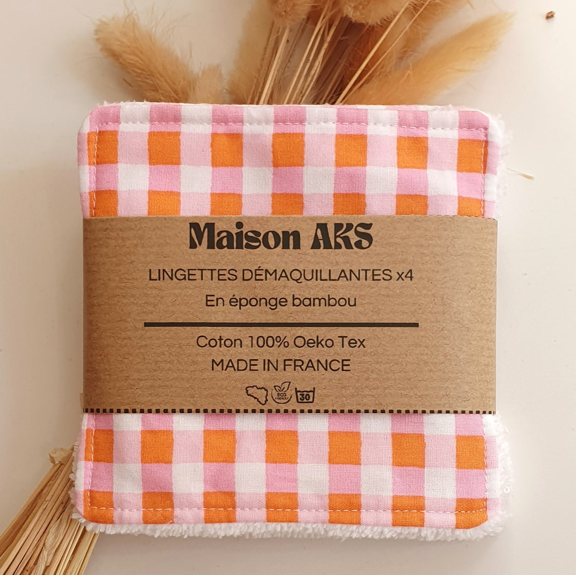 Lot de 4 lingettes - Motif Vichy rose et orange