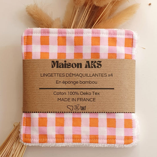 Lot de 4 lingettes - Motif Vichy rose et orange