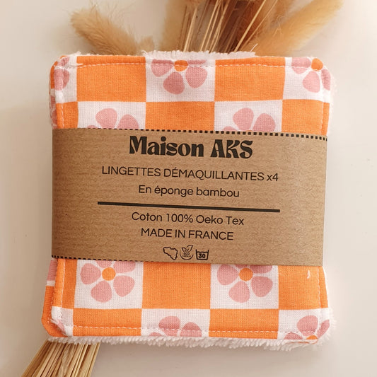 Lot de 4 lingettes - Motif Carreaux oranges et petites fleurs roses