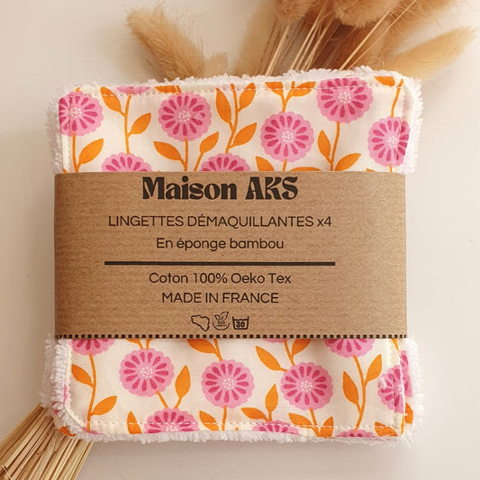 Lot de 4 lingettes - Motif fleuri rose
