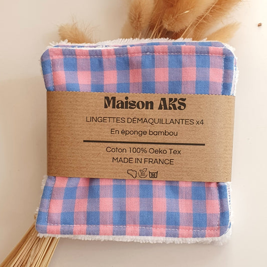 Lot de 4 lingettes - Motif carreaux roses et bleus