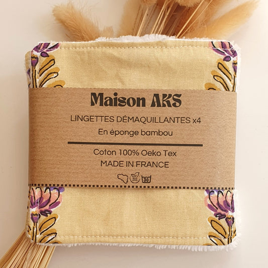 Lot de 4 lingettes - Motif fleuri sur fond jaune