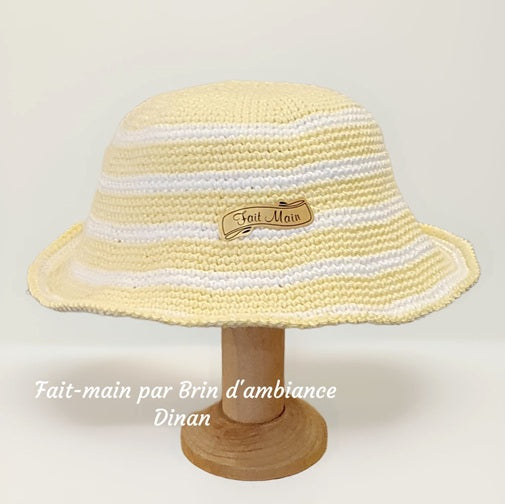 Chapeau au crochet naissance - Jaune poussin et blanc