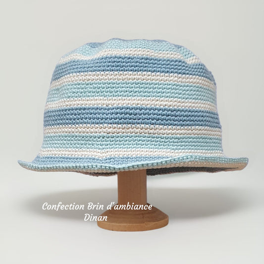 Chapeau au crochet 18 mois - Rayé bleu et blanc
