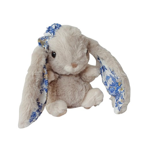 Lapin KANINA FLORAL - Gris clair et oreilles tissu fleuri bleu