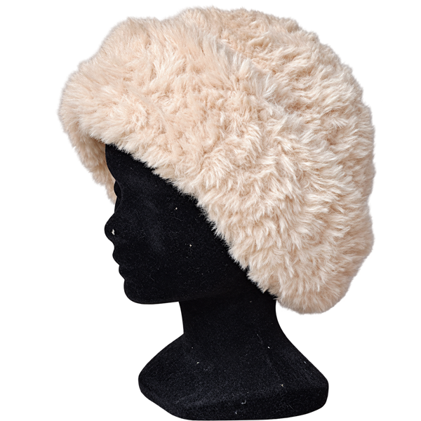 Bonnet en laine et fausse fourrure beige au crochet - Vendu en boutique uniquement