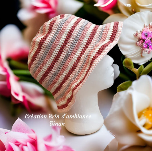 Chapeau au crochet - Saumon-Rose-Gris-Blanc