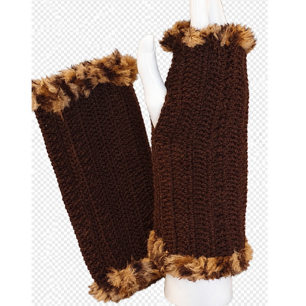 Mitaines marrons et bordure en fourrure - Fait main au crochet