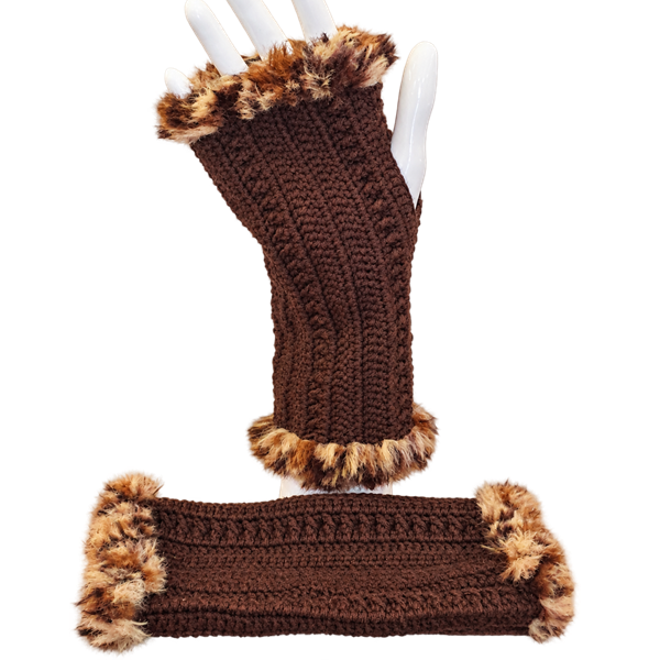 Mitaines marrons et bordure en fourrure - Fait main au crochet