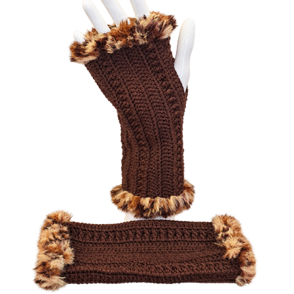 Mitaines marrons et bordure en fourrure - Fait main au crochet