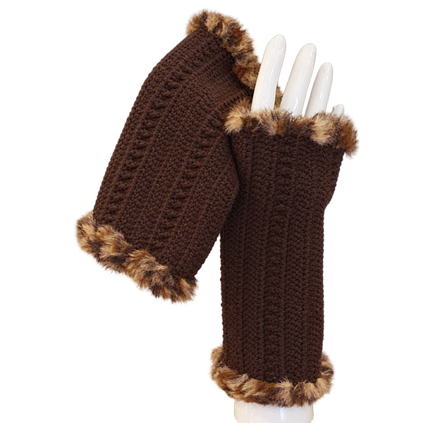 Mitaines marrons et bordure en fourrure - Fait main au crochet