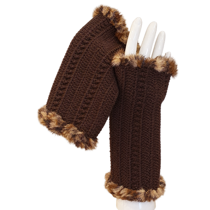 Mitaines marrons et bordure en fourrure - Fait main au crochet