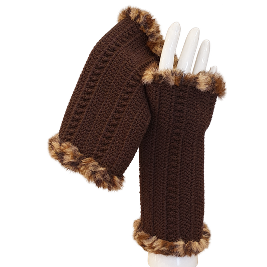 Mitaines marrons et bordure en fourrure - Fait main au crochet