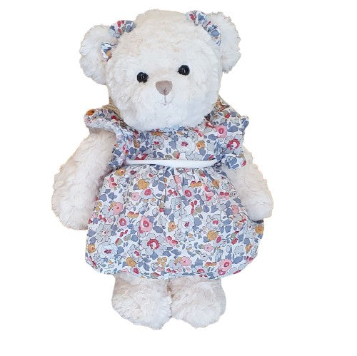 Ours en peluche blanche Anni robe fleurie bleue