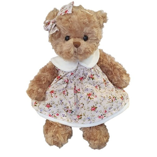 Ours en peluche Hanna Lucia robe fleurie et col blanc