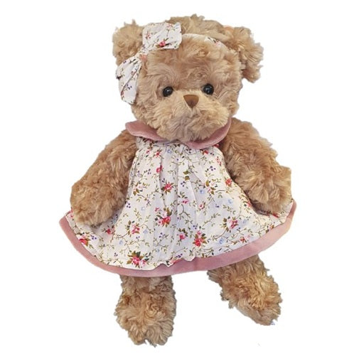Ours en peluche Hanna Lucia robe fleurie et col rose