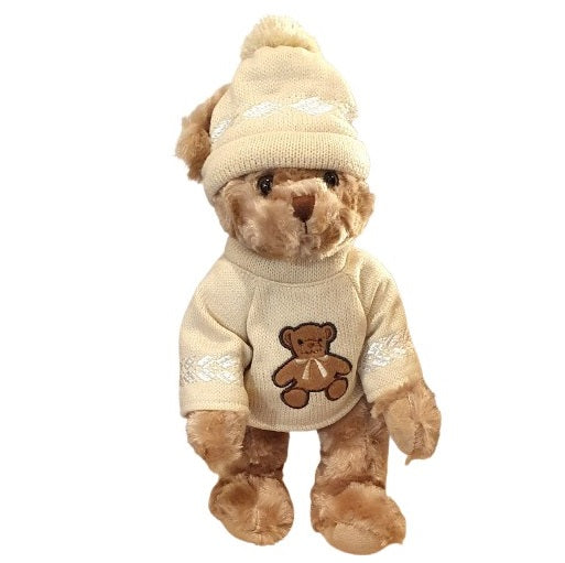 Ourson en peluche avec pull beige brodé d'un ourson