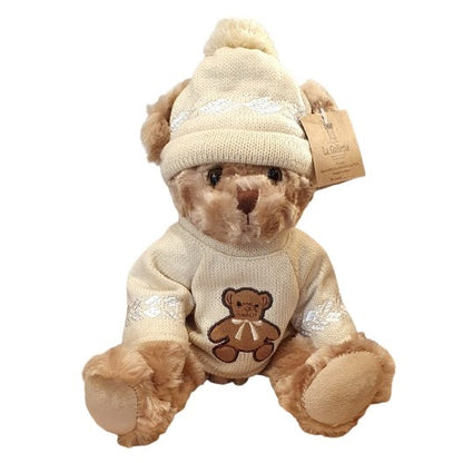 Ourson en peluche avec pull beige brodé d'un ourson