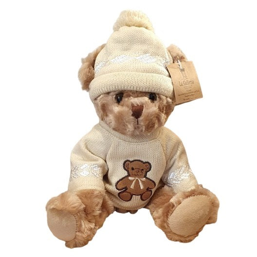Ourson en peluche avec pull beige brodé d'un ourson