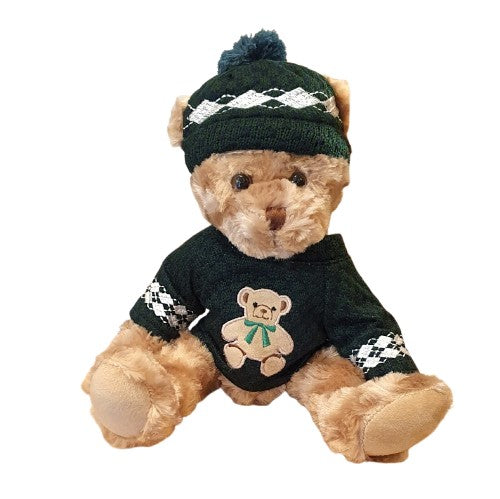 Ourson en peluche avec pull vert brodé d'un ourson