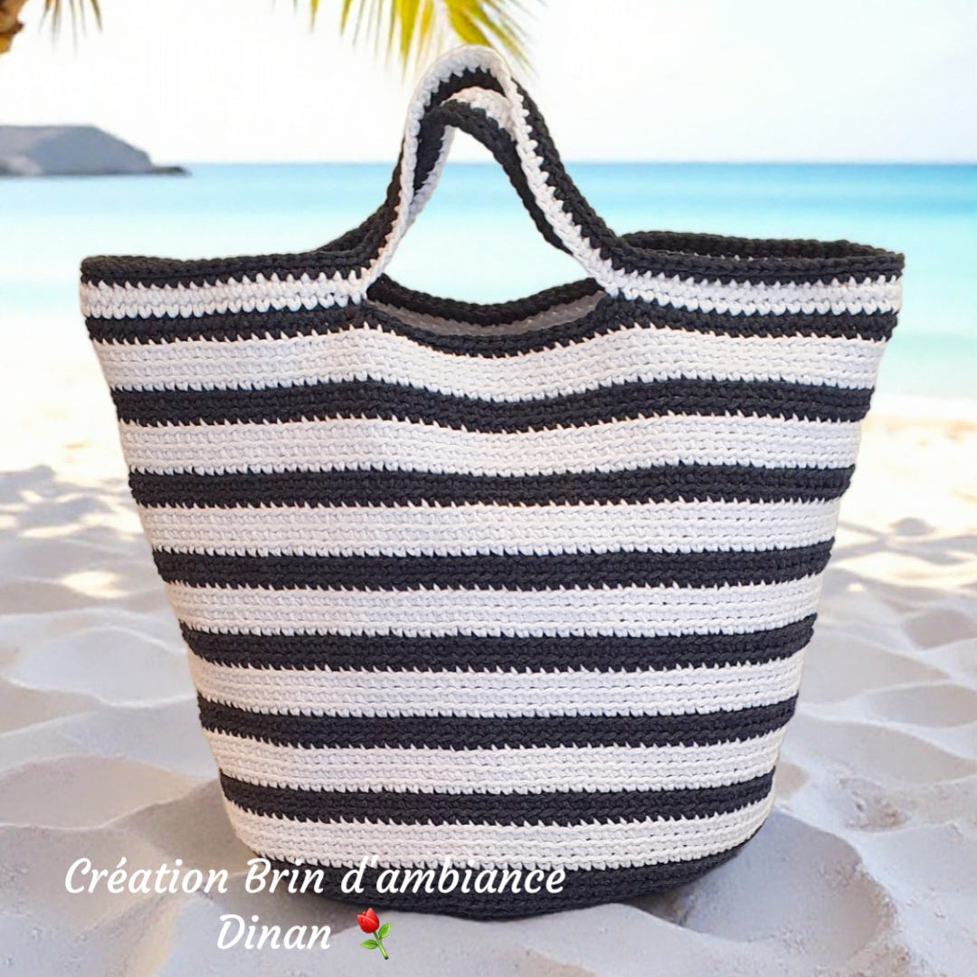 Sac de plage fait-main au crochet- Bleu marine et blanc